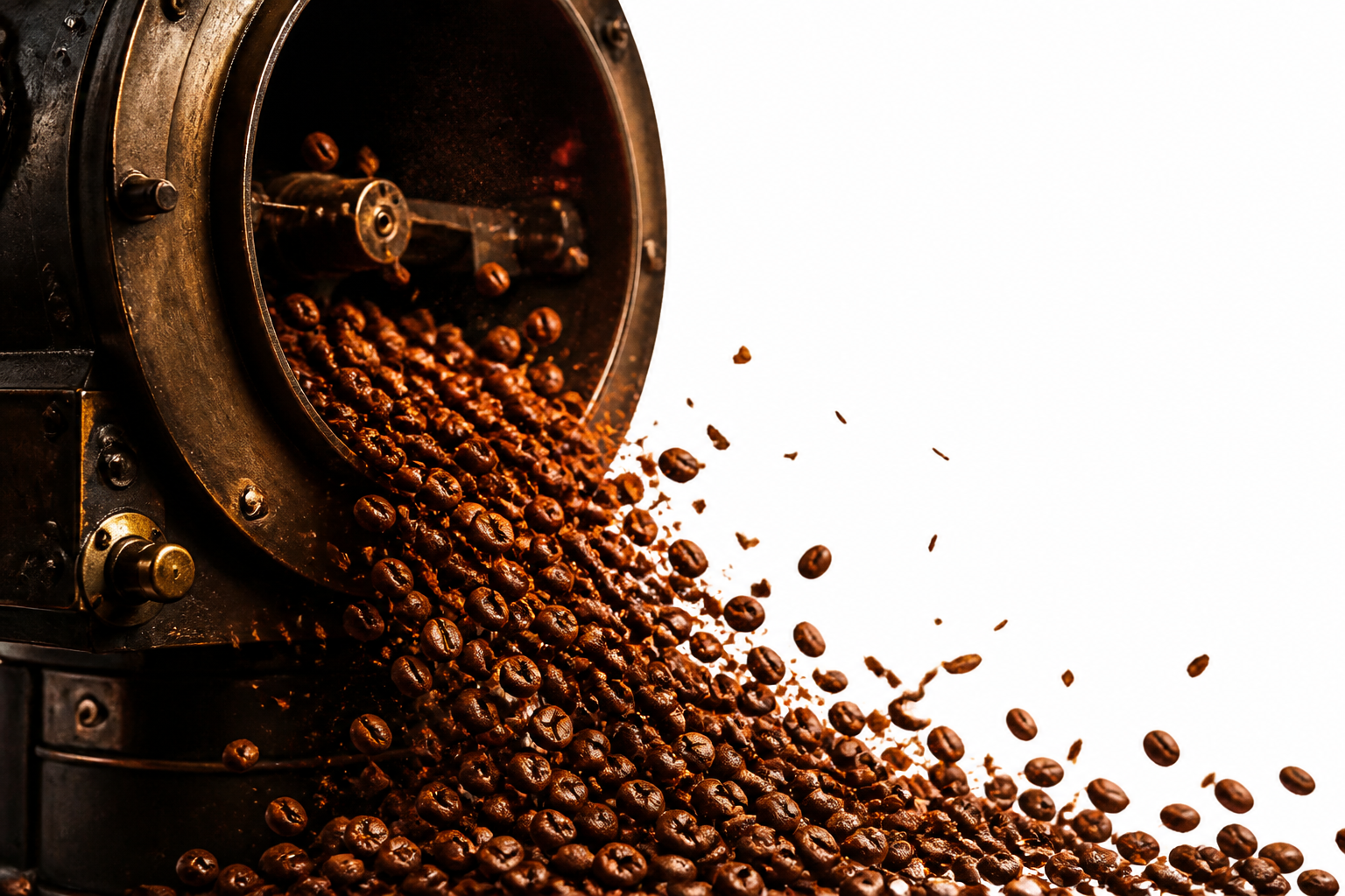 Fresh beans tumbling from the vintage roaster drum, glowing ember light
